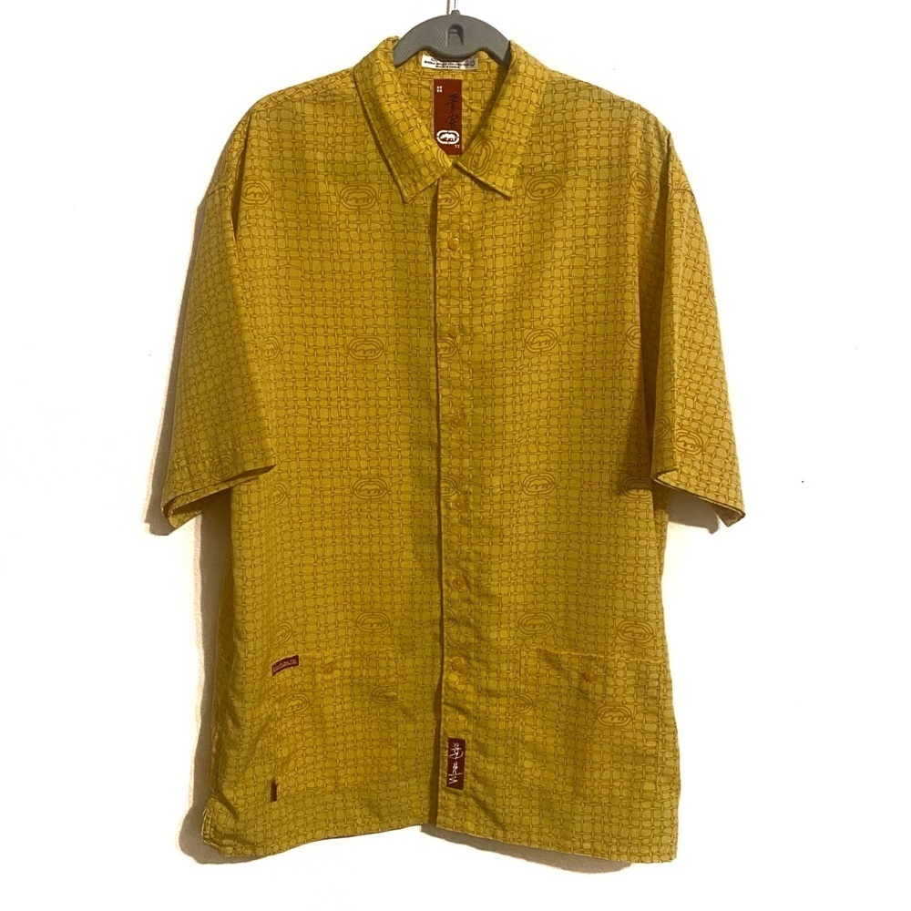 Ecko Y2K Men’s Button Down Yellow Plaid Collared Shirt Red Stitching Sz L